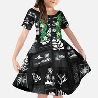 Aloha Hawaii Tuberose Lei Family Matching Off Shoulder Maxi Dress and Hawaiian Shirt Tropical Vibes Black Color - Polynesian Pride