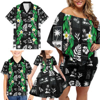 Aloha Hawaii Tuberose Lei Family Matching Off Shoulder Short Dress and Hawaiian Shirt Tropical Vibes Black Color - Polynesian Pride
