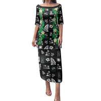 Aloha Hawaii Tuberose Lei Family Matching Puletasi and Hawaiian Shirt Tropical Vibes Black Color - Polynesian Pride