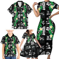 Aloha Hawaii Tuberose Lei Family Matching Short Sleeve Bodycon Dress and Hawaiian Shirt Tropical Vibes Black Color - Polynesian Pride
