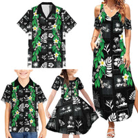 Aloha Hawaii Tuberose Lei Family Matching Summer Maxi Dress and Hawaiian Shirt Tropical Vibes Black Color - Polynesian Pride