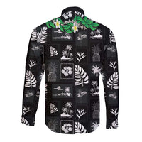 Aloha Hawaii Tuberose Lei Long Sleeve Button Shirt Tropical Vibes Black Color - Polynesian Pride