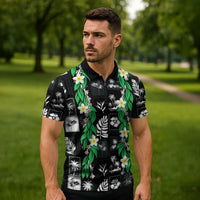 Aloha Hawaii Tuberose Lei Zipper Polo Shirt Tropical Vibes Black Color - Polynesian Pride