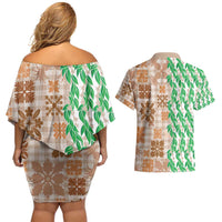 Aloha Hawaii Palaka Tuberose Lei Couples Matching Off Shoulder Short Dress and Hawaiian Shirt Hawaiian Quilt Seamless Style - Polynesian Pride