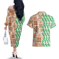 Aloha Hawaii Palaka Tuberose Lei Couples Matching Off The Shoulder Long Sleeve Dress and Hawaiian Shirt Hawaiian Quilt Seamless Style - Polynesian Pride