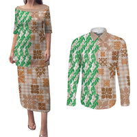 Aloha Hawaii Palaka Tuberose Lei Couples Matching Puletasi and Long Sleeve Button Shirt Hawaiian Quilt Seamless Style - Polynesian Pride