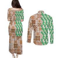 Aloha Hawaii Palaka Tuberose Lei Couples Matching Puletasi and Long Sleeve Button Shirt Hawaiian Quilt Seamless Style - Polynesian Pride