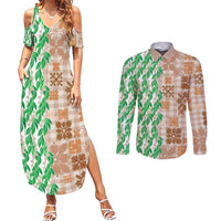 Aloha Hawaii Palaka Tuberose Lei Couples Matching Summer Maxi Dress and Long Sleeve Button Shirt Hawaiian Quilt Seamless Style - Polynesian Pride