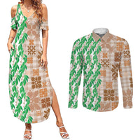 Aloha Hawaii Palaka Tuberose Lei Couples Matching Summer Maxi Dress and Long Sleeve Button Shirt Hawaiian Quilt Seamless Style - Polynesian Pride