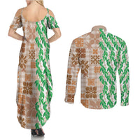 Aloha Hawaii Palaka Tuberose Lei Couples Matching Summer Maxi Dress and Long Sleeve Button Shirt Hawaiian Quilt Seamless Style - Polynesian Pride