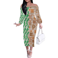 Aloha Hawaii Palaka Tuberose Lei Family Matching Off The Shoulder Long Sleeve Dress and Hawaiian Shirt Hawaiian Quilt Seamless Style - Polynesian Pride