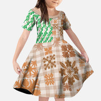 Aloha Hawaii Palaka Tuberose Lei Family Matching Off Shoulder Short Dress and Hawaiian Shirt Hawaiian Quilt Seamless Style - Polynesian Pride