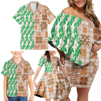 Aloha Hawaii Palaka Tuberose Lei Family Matching Off Shoulder Short Dress and Hawaiian Shirt Hawaiian Quilt Seamless Style - Polynesian Pride