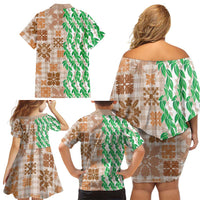 Aloha Hawaii Palaka Tuberose Lei Family Matching Off Shoulder Short Dress and Hawaiian Shirt Hawaiian Quilt Seamless Style - Polynesian Pride