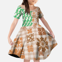 Aloha Hawaii Palaka Tuberose Lei Kid Short Sleeve Dress Hawaiian Quilt Seamless Style LT14 KID Beige - Polynesian Pride
