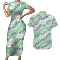 Pastel Green Hawaii Palaka Honohono Pikake Couples Matching Short Sleeve Bodycon Dress and Hawaiian Shirt Hawaiian Orchid Lei Polynesian Pattern - Polynesian Pride
