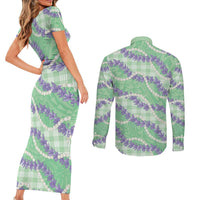 Pastel Green Hawaii Palaka Honohono Pikake Couples Matching Short Sleeve Bodycon Dress and Long Sleeve Button Shirt Hawaiian Orchid Lei Polynesian Pattern - Polynesian Pride