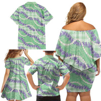 Pastel Green Hawaii Palaka Honohono Pikake Family Matching Off Shoulder Short Dress and Hawaiian Shirt Hawaiian Orchid Lei Polynesian Pattern - Polynesian Pride