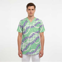 Pastel Green Hawaii Palaka Honohono Pikake Scrub Top Hawaiian Orchid Lei Polynesian Pattern - Polynesian Pride