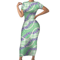 Pastel Green Hawaii Palaka Honohono Pikake Short Sleeve Bodycon Dress Hawaiian Orchid Lei Polynesian Pattern LT14 Long Dress Pastel Green - Polynesian Pride