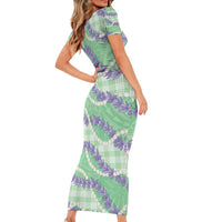 Pastel Green Hawaii Palaka Honohono Pikake Short Sleeve Bodycon Dress Hawaiian Orchid Lei Polynesian Pattern LT14 - Polynesian Pride