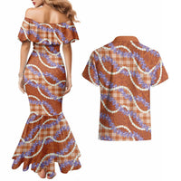 Orange Hawaii Palaka Honohono Pikake Couples Matching Mermaid Dress and Hawaiian Shirt Hawaiian Orchid Lei Polynesian Pattern - Polynesian Pride