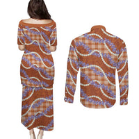 Orange Hawaii Palaka Honohono Pikake Couples Matching Puletasi and Long Sleeve Button Shirt Hawaiian Orchid Lei Polynesian Pattern - Polynesian Pride