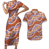 Orange Hawaii Palaka Honohono Pikake Couples Matching Short Sleeve Bodycon Dress and Hawaiian Shirt Hawaiian Orchid Lei Polynesian Pattern - Polynesian Pride