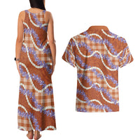 Orange Hawaii Palaka Honohono Pikake Couples Matching Tank Maxi Dress and Hawaiian Shirt Hawaiian Orchid Lei Polynesian Pattern - Polynesian Pride