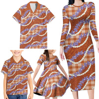 Orange Hawaii Palaka Honohono Pikake Family Matching Long Sleeve Bodycon Dress and Hawaiian Shirt Hawaiian Orchid Lei Polynesian Pattern - Polynesian Pride