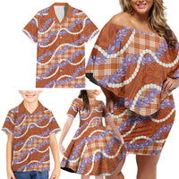 Orange Hawaii Palaka Honohono Pikake Family Matching Off Shoulder Short Dress and Hawaiian Shirt Hawaiian Orchid Lei Polynesian Pattern - Polynesian Pride
