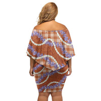 Orange Hawaii Palaka Honohono Pikake Off Shoulder Short Dress Hawaiian Orchid Lei Polynesian Pattern - Polynesian Pride