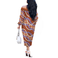 Orange Hawaii Palaka Honohono Pikake Off The Shoulder Long Sleeve Dress Hawaiian Orchid Lei Polynesian Pattern - Polynesian Pride