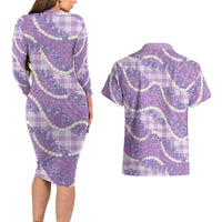 Purple Hawaii Palaka Honohono Pikake Couples Matching Long Sleeve Bodycon Dress and Hawaiian Shirt Hawaiian Orchid Lei Polynesian Pattern - Polynesian Pride