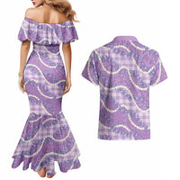 Purple Hawaii Palaka Honohono Pikake Couples Matching Mermaid Dress and Hawaiian Shirt Hawaiian Orchid Lei Polynesian Pattern - Polynesian Pride