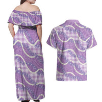 Purple Hawaii Palaka Honohono Pikake Couples Matching Off Shoulder Maxi Dress and Hawaiian Shirt Hawaiian Orchid Lei Polynesian Pattern - Polynesian Pride