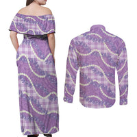 Purple Hawaii Palaka Honohono Pikake Couples Matching Off Shoulder Maxi Dress and Long Sleeve Button Shirt Hawaiian Orchid Lei Polynesian Pattern - Polynesian Pride