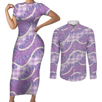Purple Hawaii Palaka Honohono Pikake Couples Matching Short Sleeve Bodycon Dress and Long Sleeve Button Shirt Hawaiian Orchid Lei Polynesian Pattern - Polynesian Pride