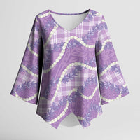 Purple Hawaii Palaka Honohono Pikake Kimono Sleeve Blouse Hawaiian Orchid Lei Polynesian Pattern - Polynesian Pride