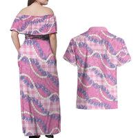 Pink Hawaii Palaka Honohono Pikake Couples Matching Off Shoulder Maxi Dress and Hawaiian Shirt Hawaiian Orchid Lei Polynesian Pattern - Polynesian Pride