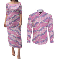 Pink Hawaii Palaka Honohono Pikake Couples Matching Puletasi and Long Sleeve Button Shirt Hawaiian Orchid Lei Polynesian Pattern LT14 Pink - Polynesian Pride