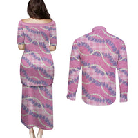 Pink Hawaii Palaka Honohono Pikake Couples Matching Puletasi and Long Sleeve Button Shirt Hawaiian Orchid Lei Polynesian Pattern LT14 - Polynesian Pride