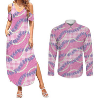 Pink Hawaii Palaka Honohono Pikake Couples Matching Summer Maxi Dress and Long Sleeve Button Shirt Hawaiian Orchid Lei Polynesian Pattern - Polynesian Pride