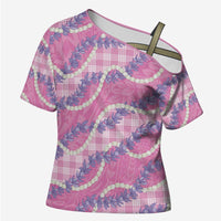 Pink Hawaii Palaka Honohono Pikake Cross Shoulder Shirt Hawaiian Orchid Lei Polynesian Pattern - Polynesian Pride