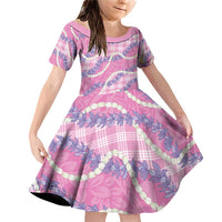 Pink Hawaii Palaka Honohono Pikake Family Matching Off Shoulder Short Dress and Hawaiian Shirt Hawaiian Orchid Lei Polynesian Pattern LT14 Daughter's Dress Pink - Polynesian Pride