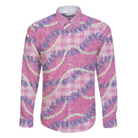Pink Hawaii Palaka Honohono Pikake Family Matching Off Shoulder Short Dress and Hawaiian Shirt Hawaiian Orchid Lei Polynesian Pattern LT14 Dad's Shirt - Long Sleeve Pink - Polynesian Pride