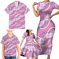 Pink Hawaii Palaka Honohono Pikake Family Matching Short Sleeve Bodycon Dress and Hawaiian Shirt Hawaiian Orchid Lei Polynesian Pattern - Polynesian Pride