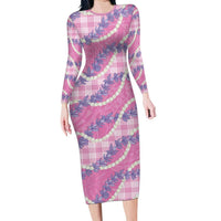 Pink Hawaii Palaka Honohono Pikake Long Sleeve Bodycon Dress Hawaiian Orchid Lei Polynesian Pattern - Polynesian Pride