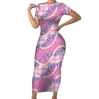 Pink Hawaii Palaka Honohono Pikake Short Sleeve Bodycon Dress Hawaiian Orchid Lei Polynesian Pattern LT14 Long Dress Pink - Polynesian Pride