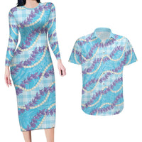 Blue Hawaii Palaka Honohono Pikake Couples Matching Long Sleeve Bodycon Dress and Hawaiian Shirt Hawaiian Orchid Lei Polynesian Pattern - Polynesian Pride